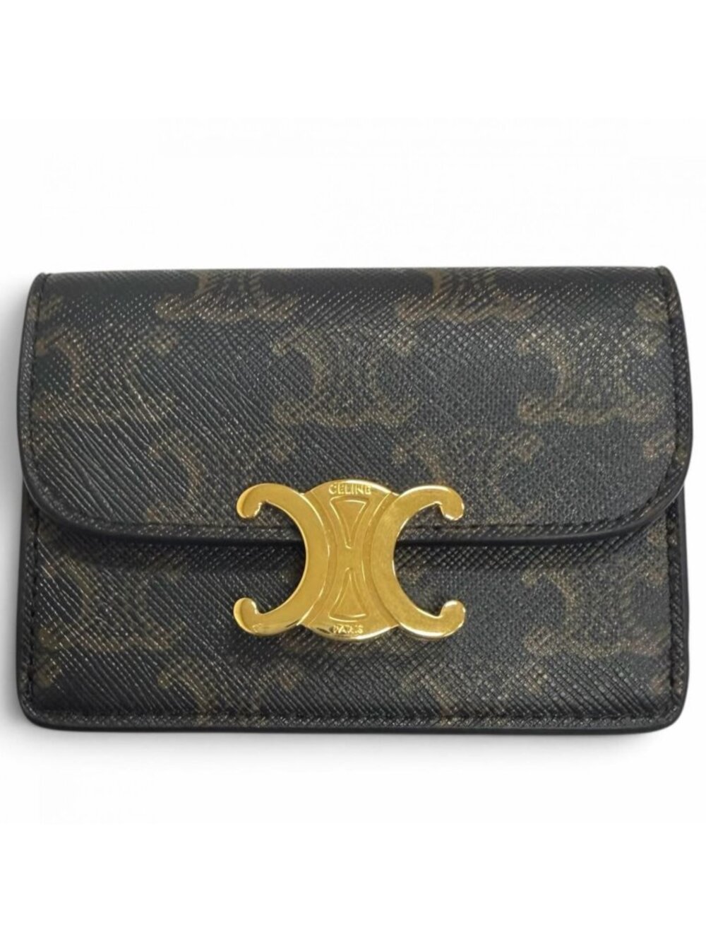 Celine Leather Triomphe Card Case Business Tan Gold
